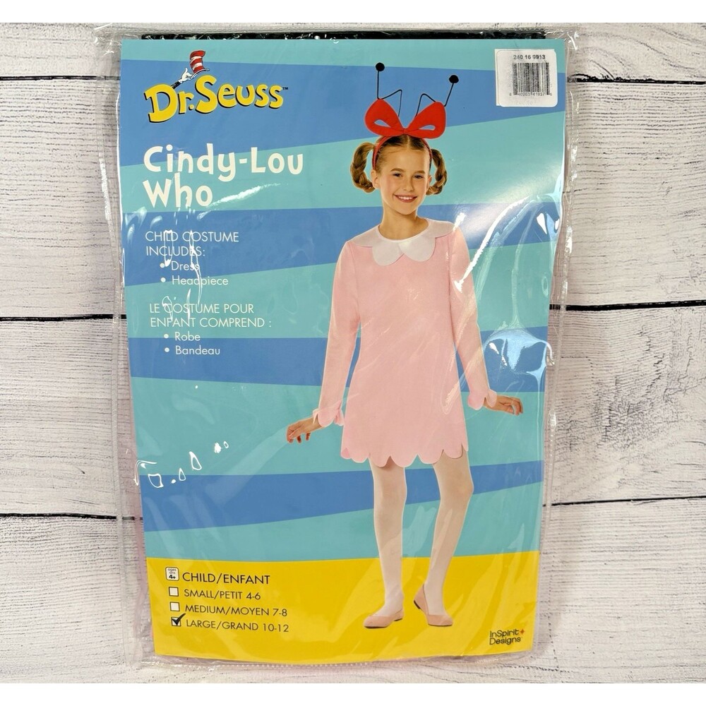 Cindy Lou Who Childs Costume Sz 10-12 L Dress Headpiece Dr Seuss Cosplay NEW